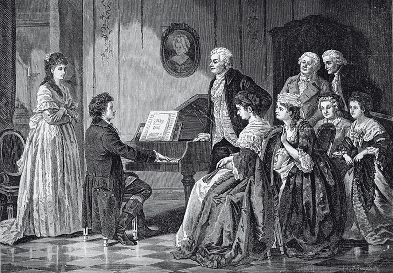 Ludwig van Beethoven interpreta el piano ante Wolfgang Amadeus Mozart, grabado sobre madera de Ad. Rottmann, 1880, Museo de las Bellas Artes, Viena.
