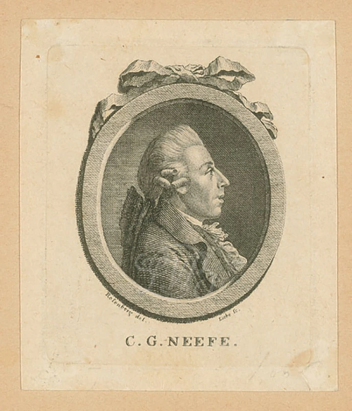 Christian Gottlob Neefe fue el primer maestro de composición de Beethoven; grabado en metal, 1750. Casa de Beethoven, Bonn.