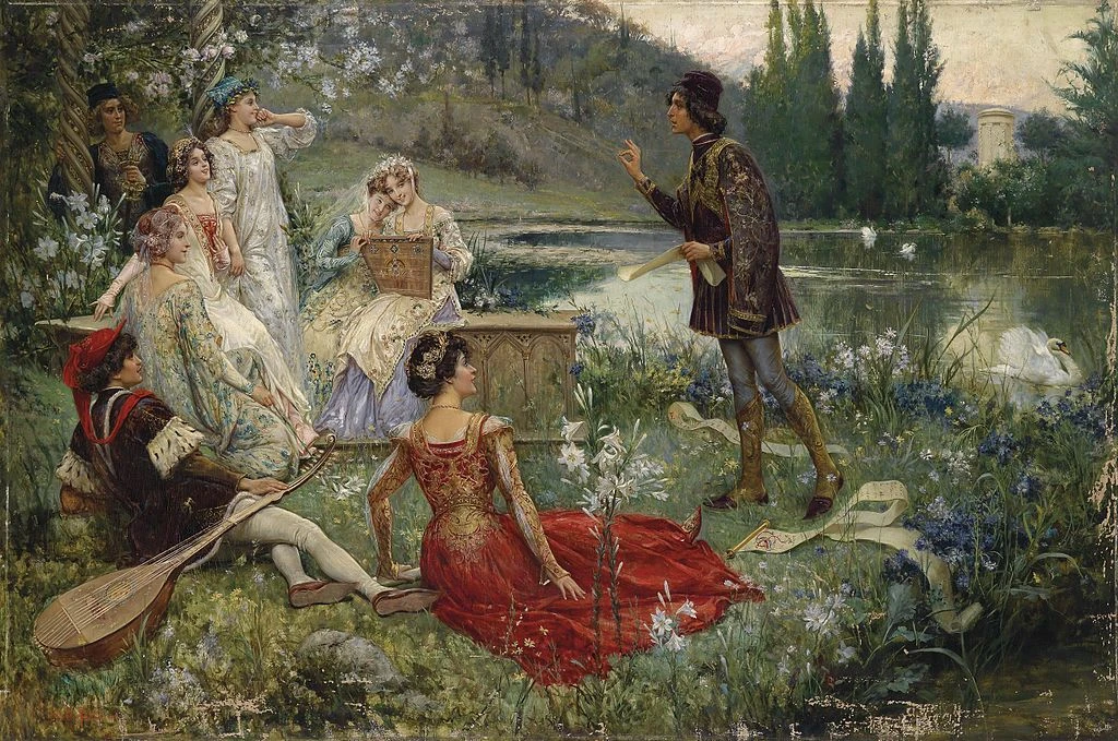 1Decamero-Salvatore_Postiglione_Motiv_aus_dem_Decamerone.jpg Escena del Decamerón de Salvatore Castiglione, óleo sobre tela, 1906.